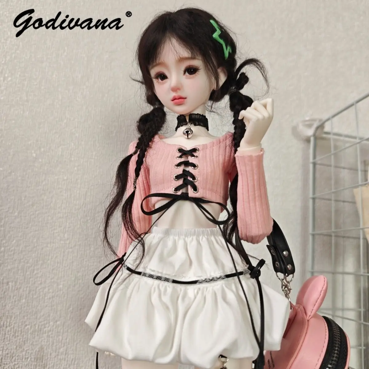 BJD 1/4 Doll Outfit Y2K Sweet Cool Streetwear Set Lace-Up Crop Top and Bubble Skirt with Leg Cover Doll Clothing for 1/4 BJD