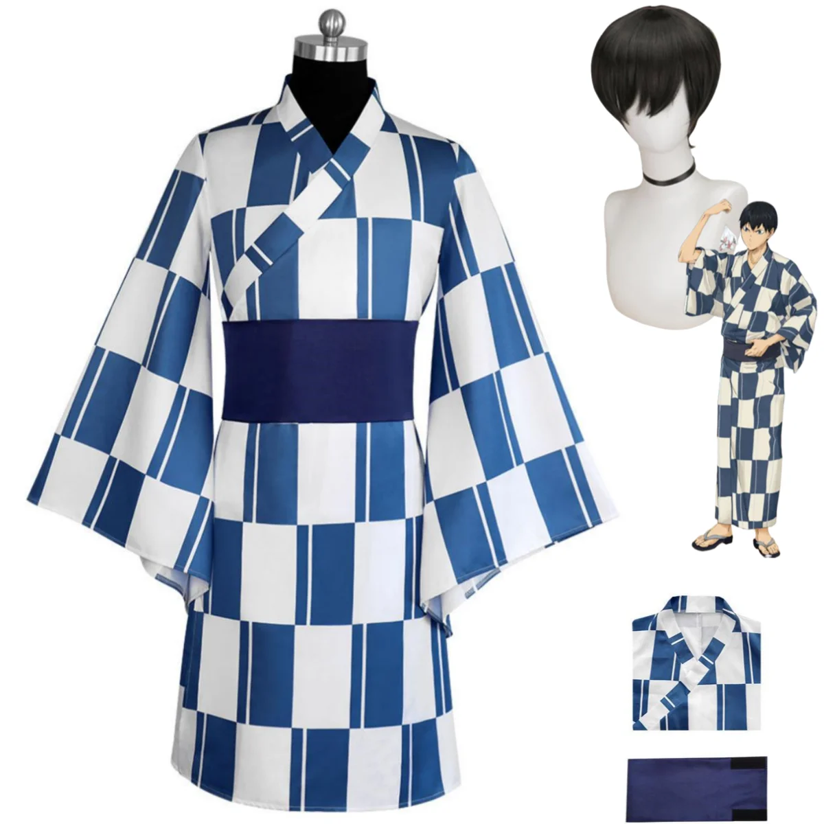 Anime Haikyuu!! Tobio Kageyama Cosplay Costume Wig Japanese Blue Lattice Kimono Bathrobe Adult Man Traditional Festival Suit