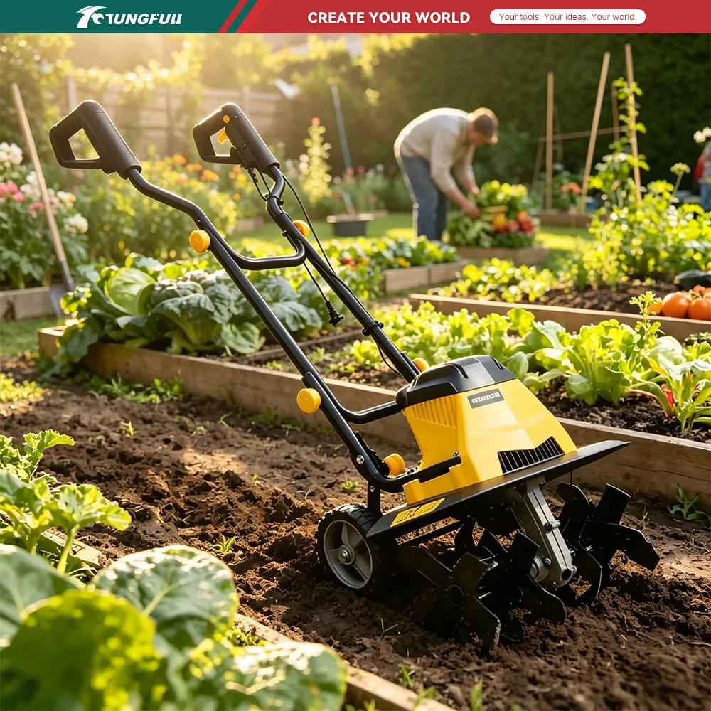 Electric Garden Tiller Cultivator Heavy‑Duty Rototiller Adjustable Tines for Soil Cultivation Weeding Lawn & Small Farm Use