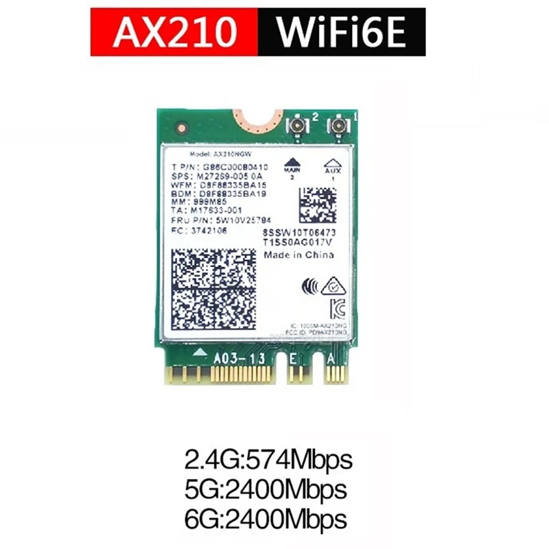 Беспроводная карта Wi-Fi 6E AX210, 2400 Мбит/с, Bluetooth 5,2, 802.11Ax 2,4G/5 ГГц/6 ГГц, AX210NGW, с антенной