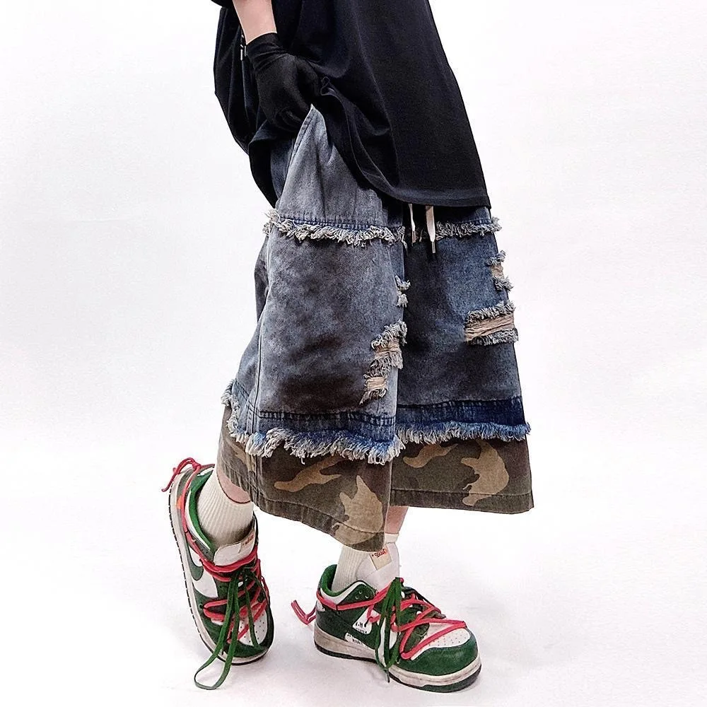 Camouflage Splicing Denim Shorts Mens Streetwear Hip Hop Ripped Hole Knee Length Pants Harajuku Vintage Baggy Casual Short Male