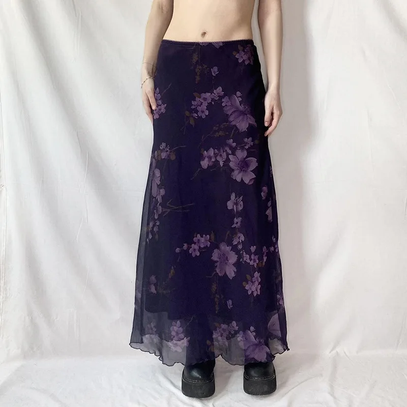 Zeyla Gonna lunga con pannelli in rete con stampa vegetale viola vintage Gonna lunga lusinghiera dimagrante per donna Boho Casual da indossare ogni giorno