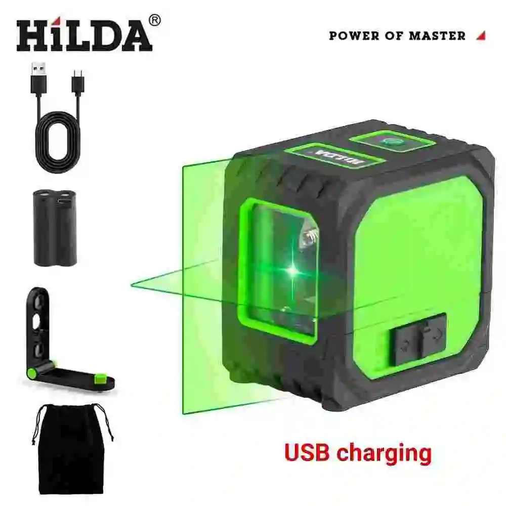 HILDA 충전식 그린 라이트 레이저 레벨, 리튬 배터리 광학 기기, 브래킷 포함, 2 라인