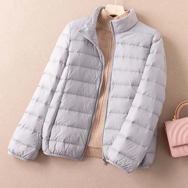 Schinteon Ultralight 90% White Duck Down Coat Casual Autumn Winter High Quality Outwear for Women Stand Collar Portable Storage