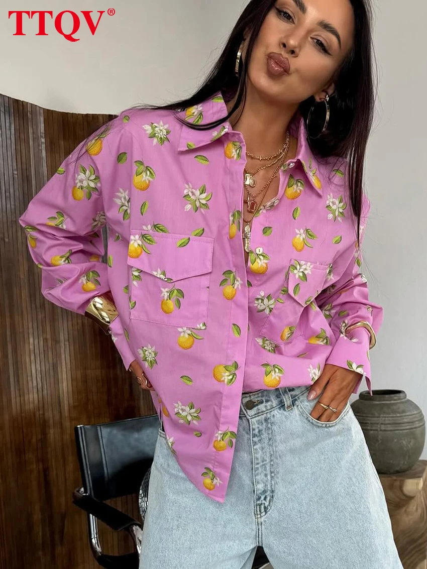 

TTQV Fashion Loose Print Women's Shirt 2025 Casual Lapel Long Sleeve Shirts Elegant Classic Pockets Top Female Clothing
