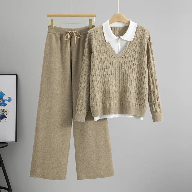 Autumn Fashion Korea New Women's Suits Lapel Fake Two Tops Knit Pullovers Elastic High Waist Wide Leg Pants Set Female 2025