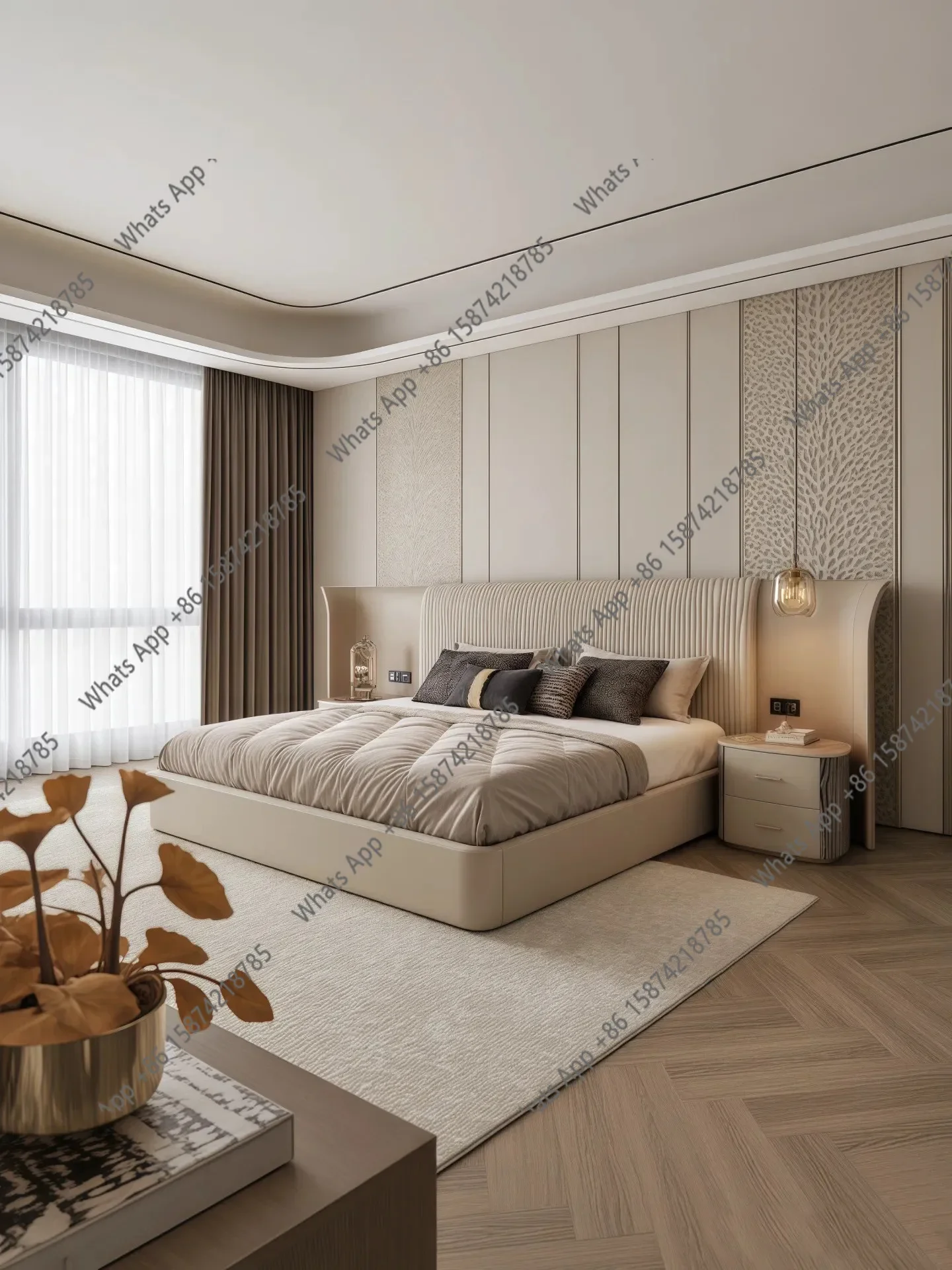 n-J Italian Light Luxury First Floor Yellow Cowhide Widescreen Bed Luxury Style Family Villa Large Flat Floor Master Bedroom Dou