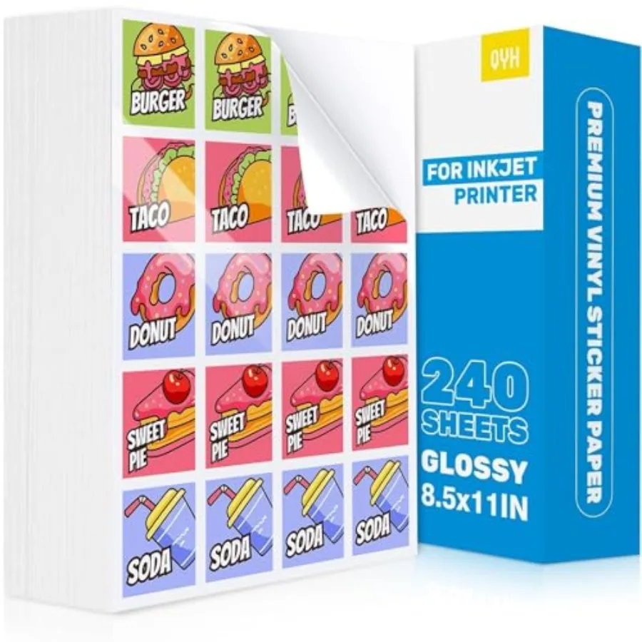 

Бумага для печати наклеек для принтера, 240 листов, 8,5x11 дюймов - винил, совместимый с струйными/лазерными принтерами и Cricut - водонепроницаемая, лабораторная.