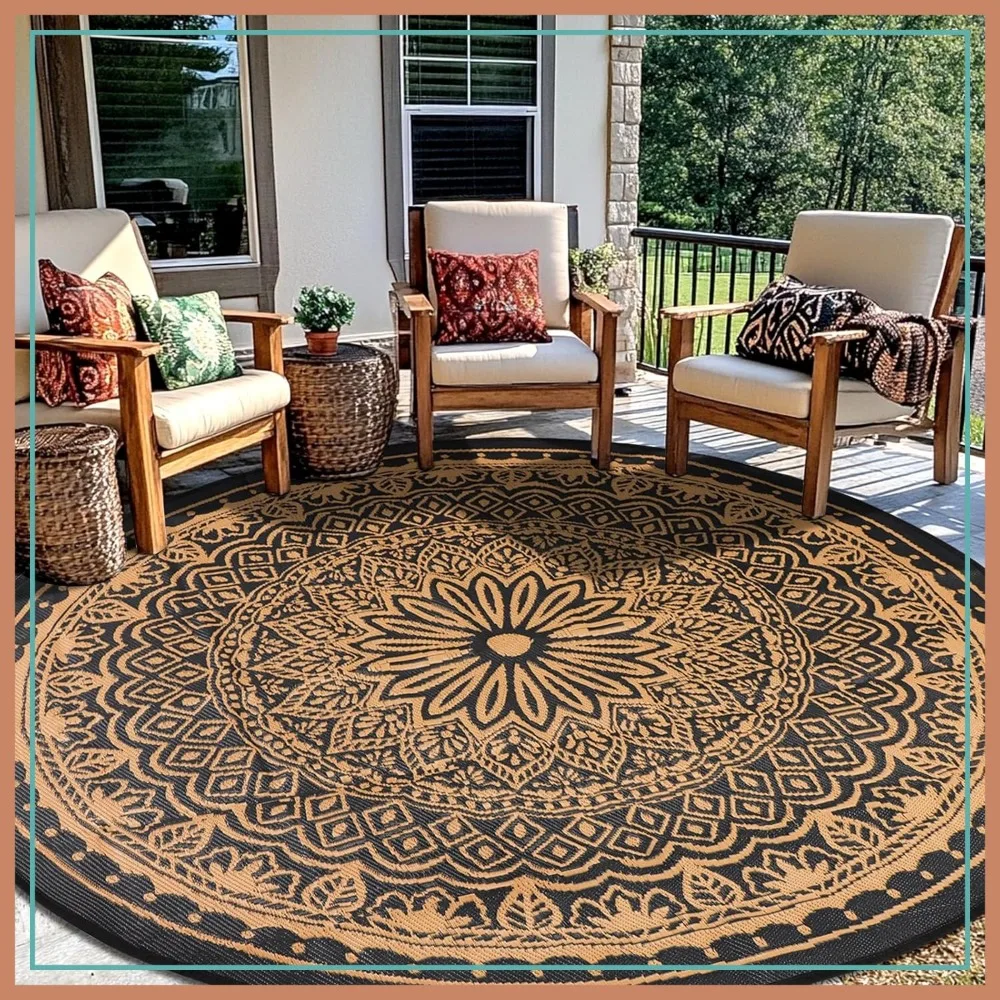 

8ft Round Outdoor Rug Waterproof Reversible Lightweight Plastic Straw Mat for Camping Deck Patio Picnic Garden Black/Camel