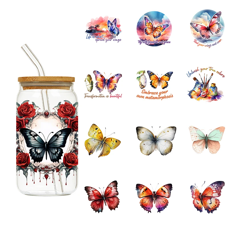 LETOP 1PCS Butterflies And Text Uv Dtf Wraps 16oz Vinyl Transfer Stickers Custom Flower Uv Ddtf Transfer Sticker