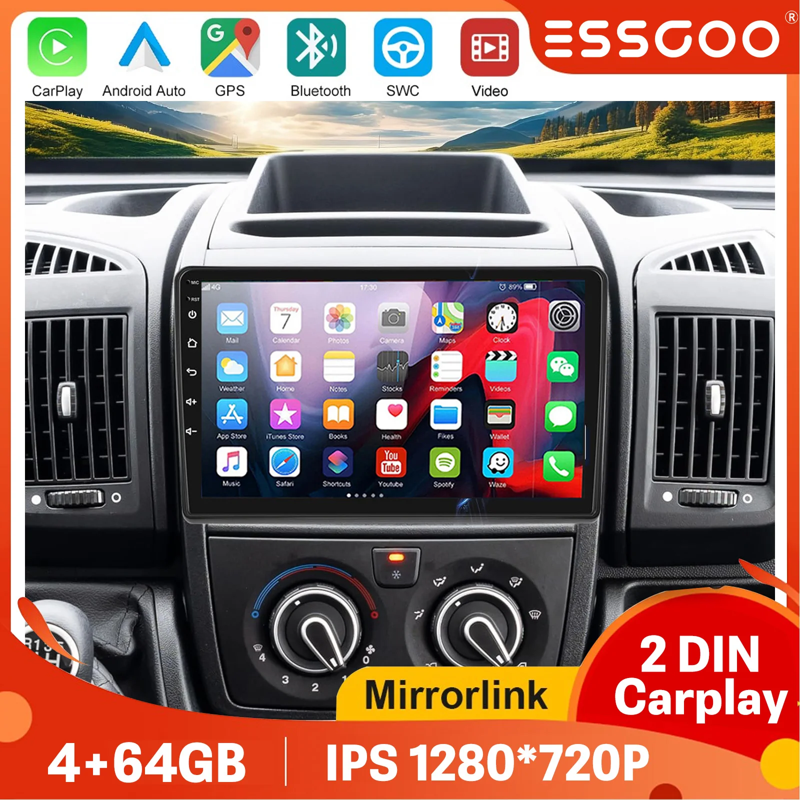 9-Zoll-Autoradio 6GB+128GB für Fiat Ducato, Citroen Jumper, Peugeot Boxer 2006-2024, drahtloses Carplay, Android Auto, Auto-Multimedia, GPS, Bluetooth, 2-DIN ESSGOO