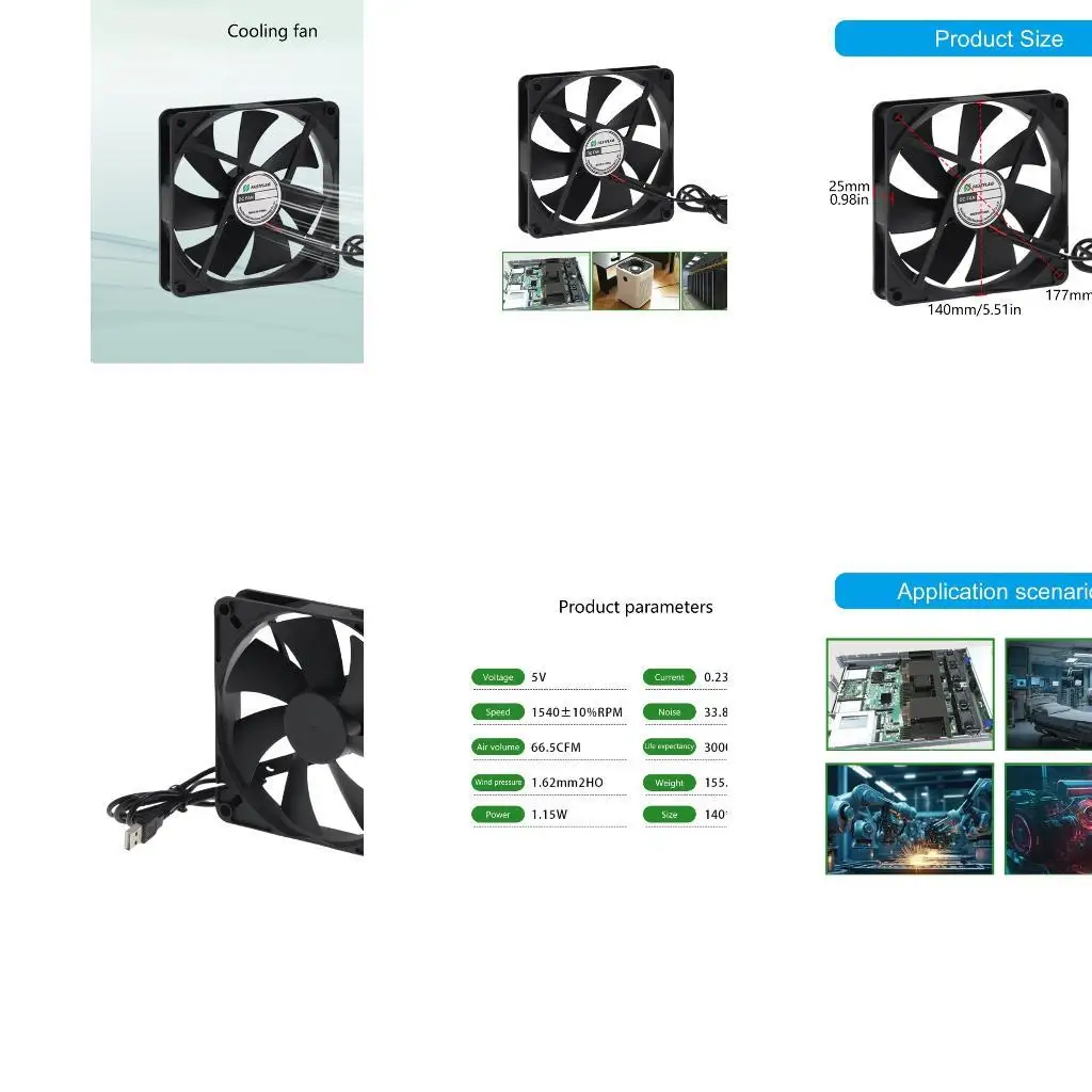 

652F 7Blade 14025 Cooling Fan 5V USB Quiet Operating 30000Hrs Operation Life 14cm