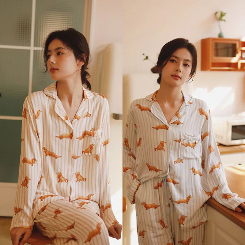 Spring Satin Cartoon Dachshund Printed Striped Home Clothes Lapel Pocket Luxury Long-sleeved Pajamas Suit Viscose Pijamas Women