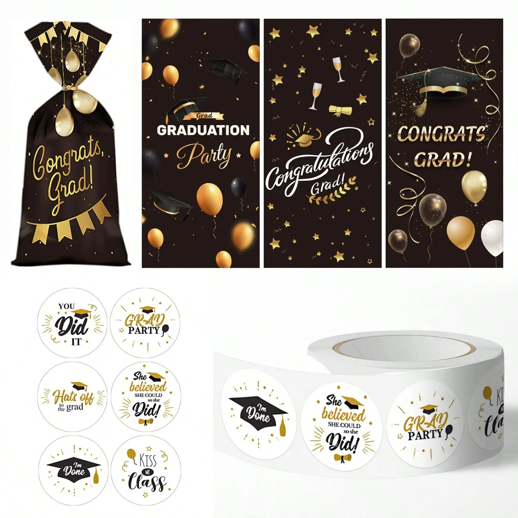 51-teiliges Set Abschlussfeier-Geschenktüten mit Aufklebern, Schwarz-Gold Abschluss-Leckerli-Tüten, Glückwunsch-Absolventen-Geschenktüten für den Abschluss – Detail 1