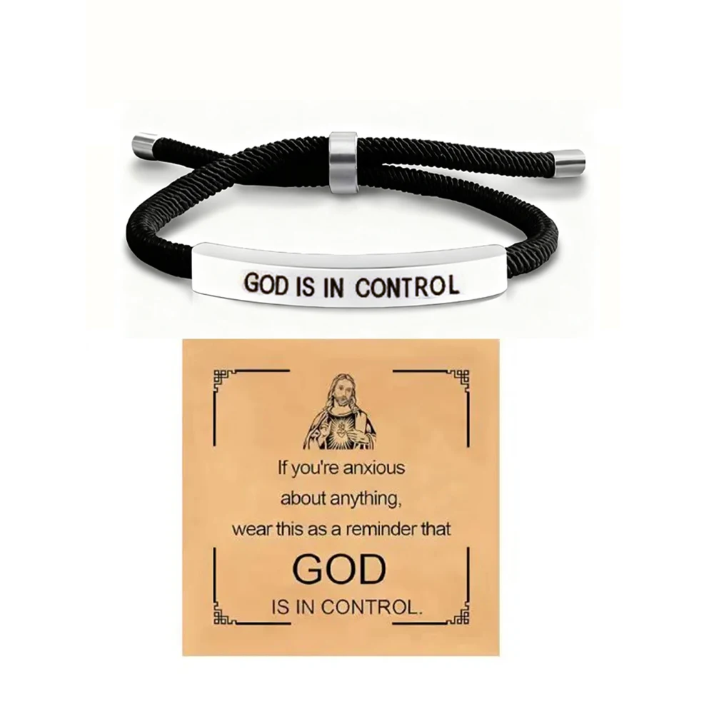 Verstellbares inspirierendes Armband aus Edelstahl „God Is In Control“-Seilarmband mit Karte, christlicher Schmuck
