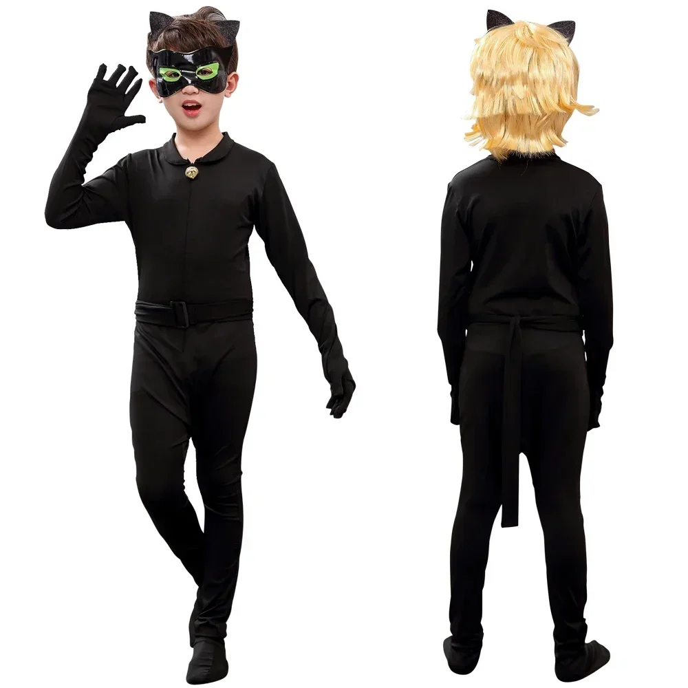 Traje de gato anime infantil com máscara, festa de carnaval, performance de palco, roupas infantis, preto, meninos