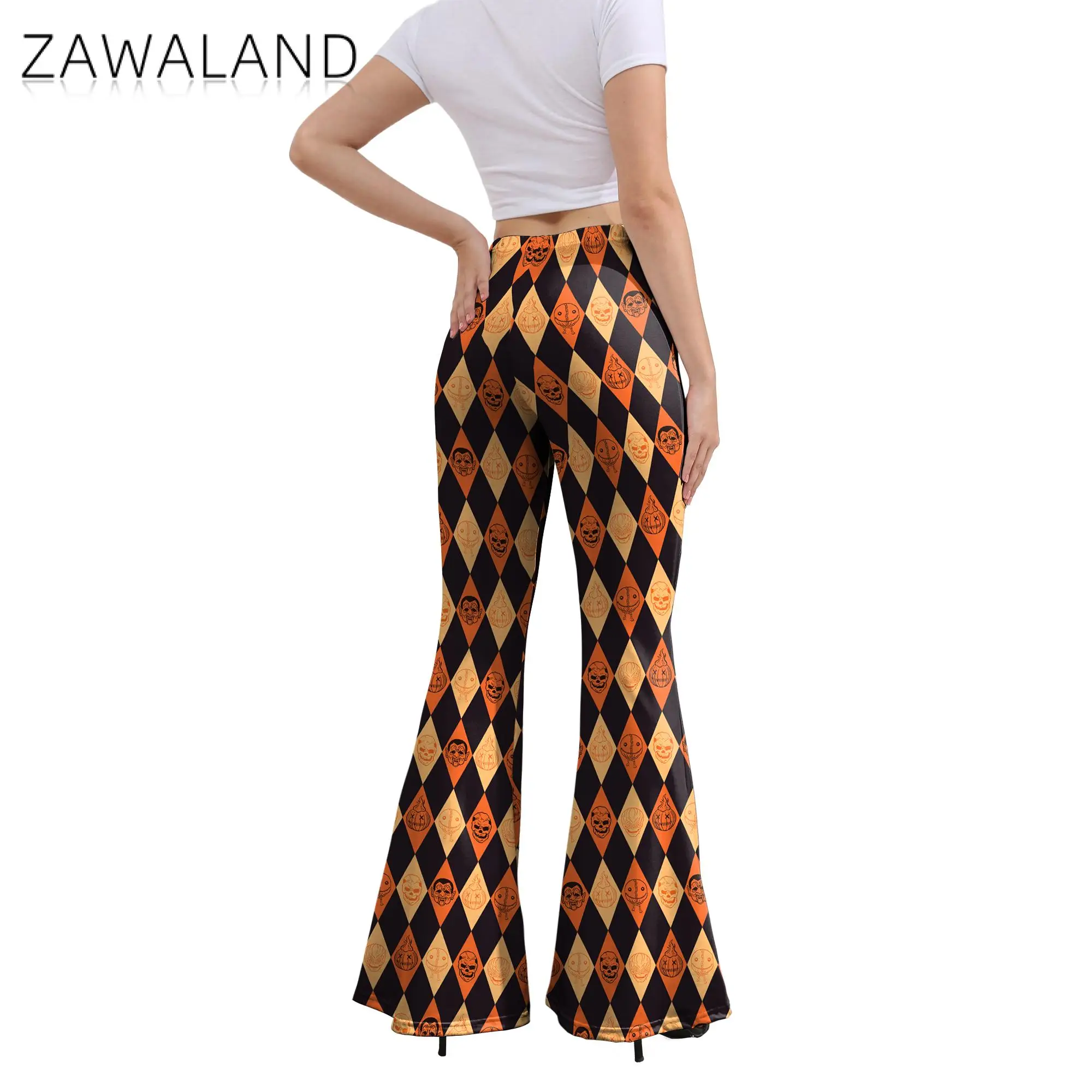 Zawaland Rozkloszowane Spodnie Dla Kobiet Legginsy z Wysoką Talią Lady Holiday Party Moda Cosplay Halloween Straszne Spodnie z Nadrukiem Dyni