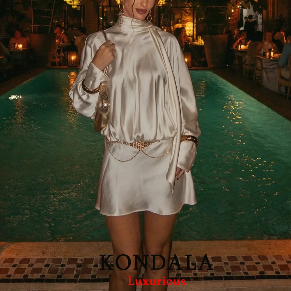 KONDALA elegante vestido de fiesta de satén Beige para mujer, minivestido holgado de manga larga con pajarita, moda 2025, vestido de noche para discoteca para mujer