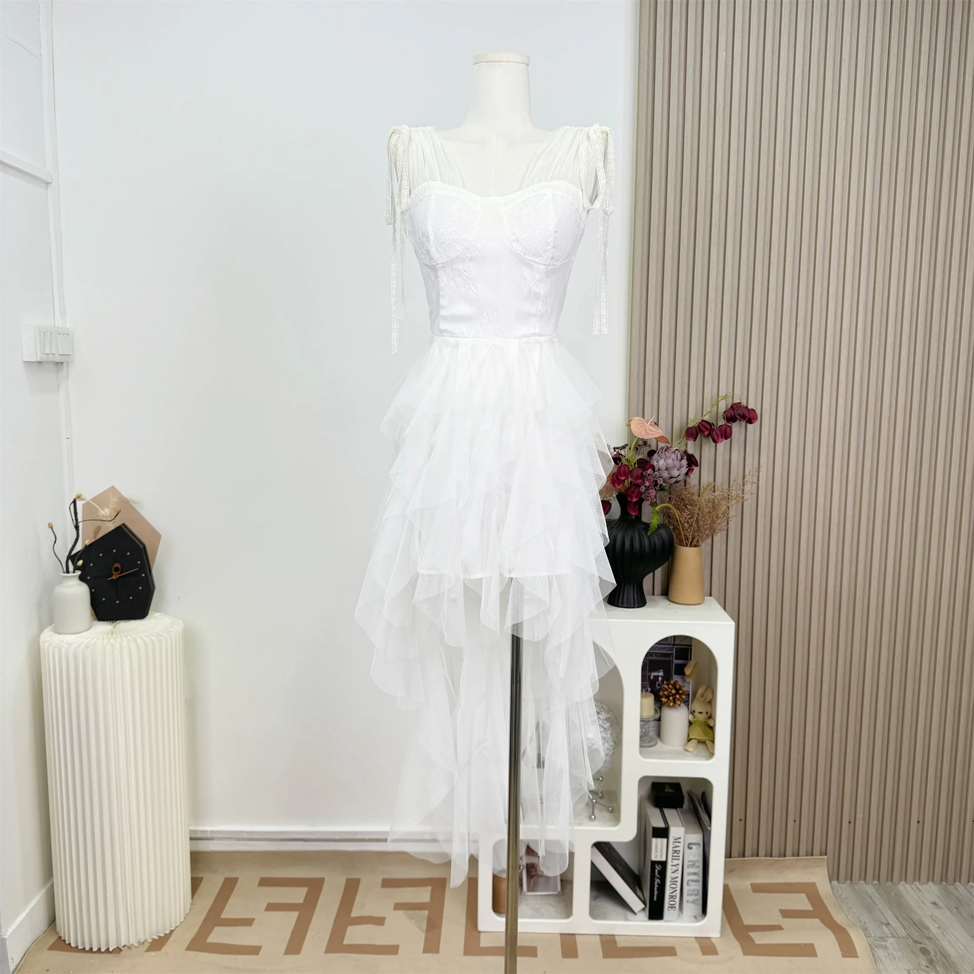 

New Women White Lace Patchwork Mesh Sexy Backless Sleeveless Lace-up Slip Dress Summer Elegant Birthday Prom Evening Party Dress
