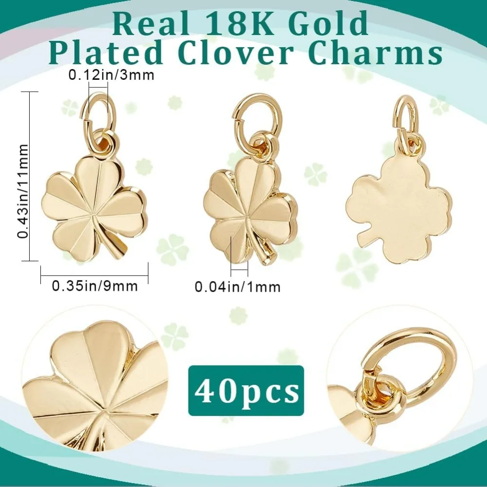 1 Box 40Pcs Four Leaf Clover Charm 18K Gold Plated Small Good Luck Shamrock Charms with Jumping Ring 11x9mm making kit