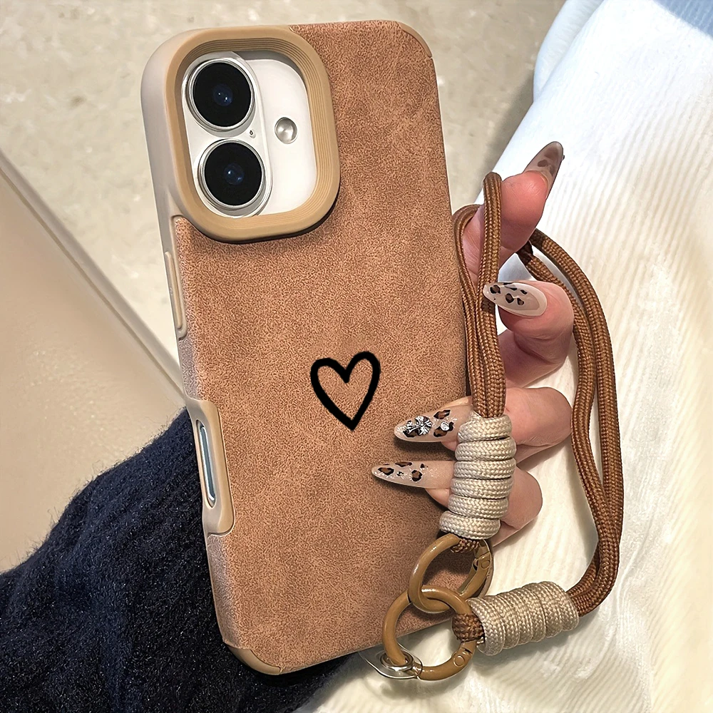 Brown Suede Leather Texture Minimalist Heart Phone Case For iPhone 17 Pro Max 16 13 12 15 14 Plus 11 Air Cover With Lanyard Set view 5