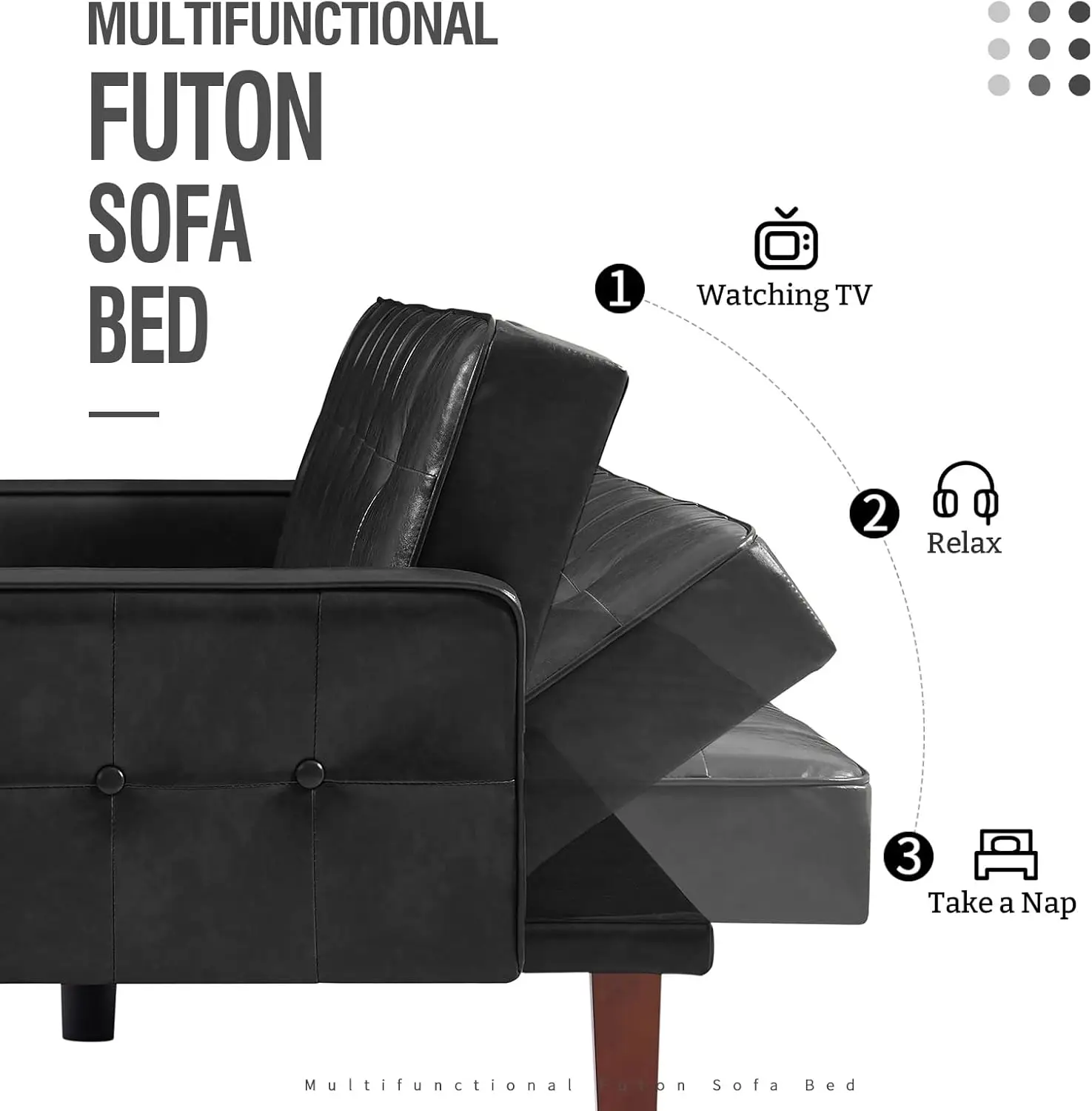 Futon Sofa Bed, Modern Convertible Faux Leather Sleeper Couch with Armrests for Studio, Office, Overnight Guests, Brown