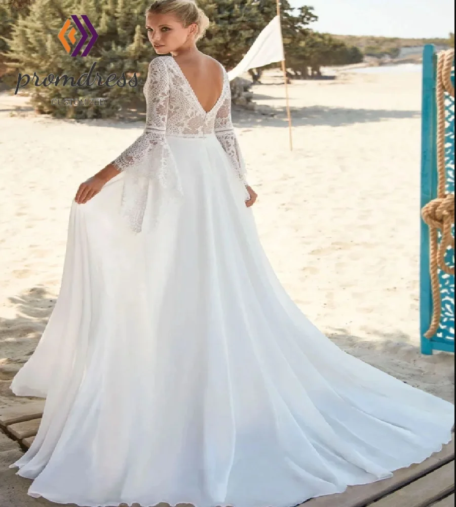 Струящееся свадебное платье в стиле бохо с расклешенными рукавами, кружевное богемное свадебное платье с V-образным вырезом, белое платье невесты в стиле гражданской страны, минималистичный пляж