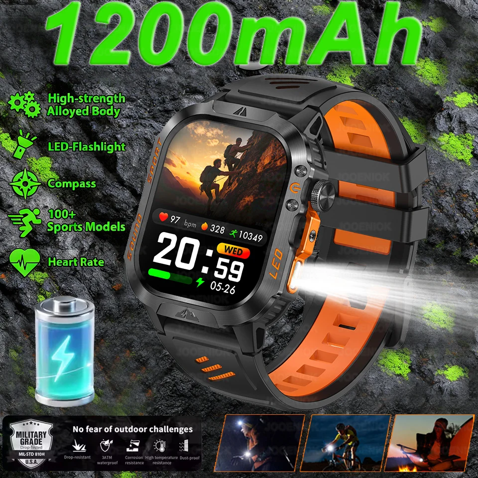 

Outdoor Sports 1200mAh Large battery Smartwatch Men LED Flashlight Bluetooth Call AI Voice Heart Rate Waterproof Smart Watch Man
