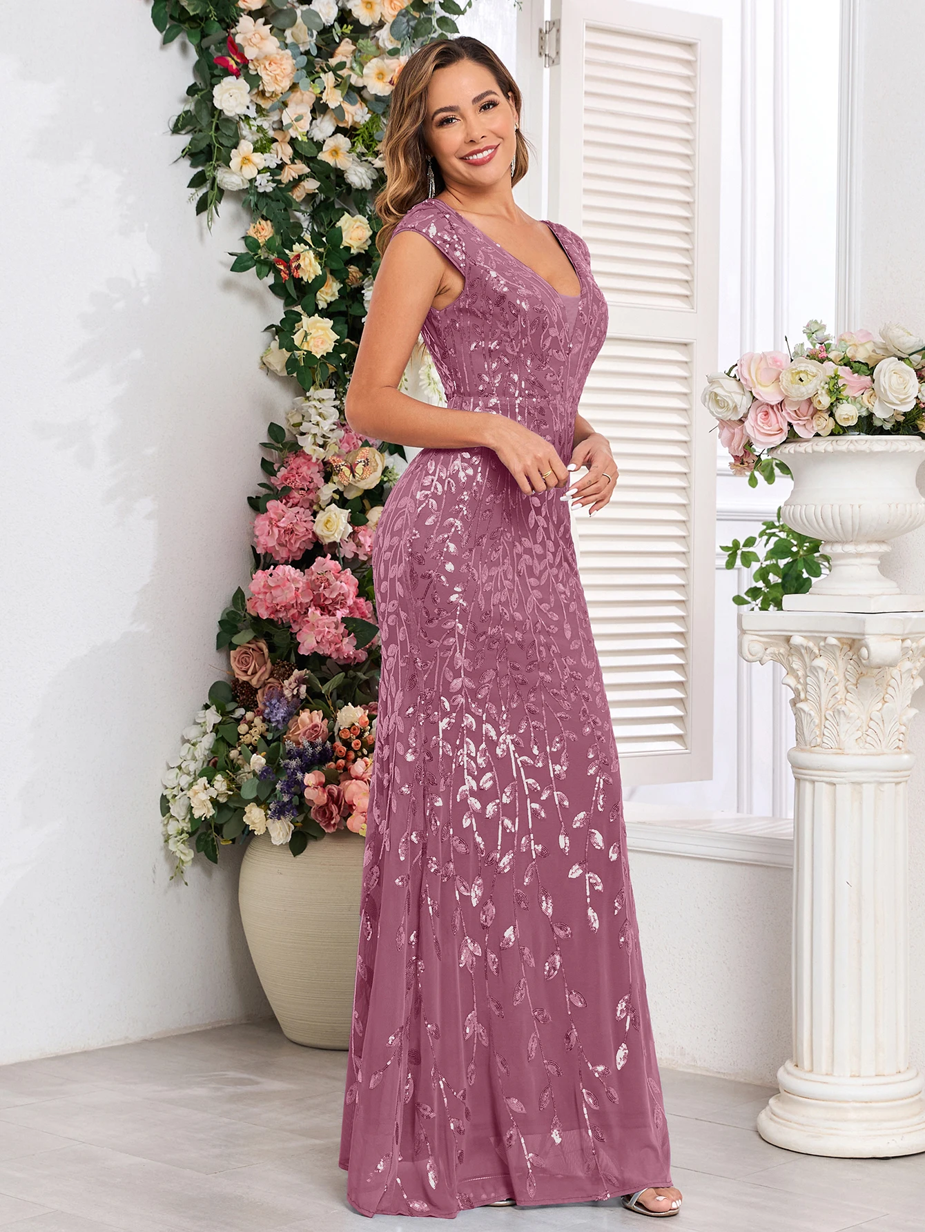 فستان سهرة رسمي أنيق مزين بالترتر ورقبة على شكل حرف V لحفلات الزفاف وحفلات أعياد الميلاد وعيد الميلاد والعام الجديد