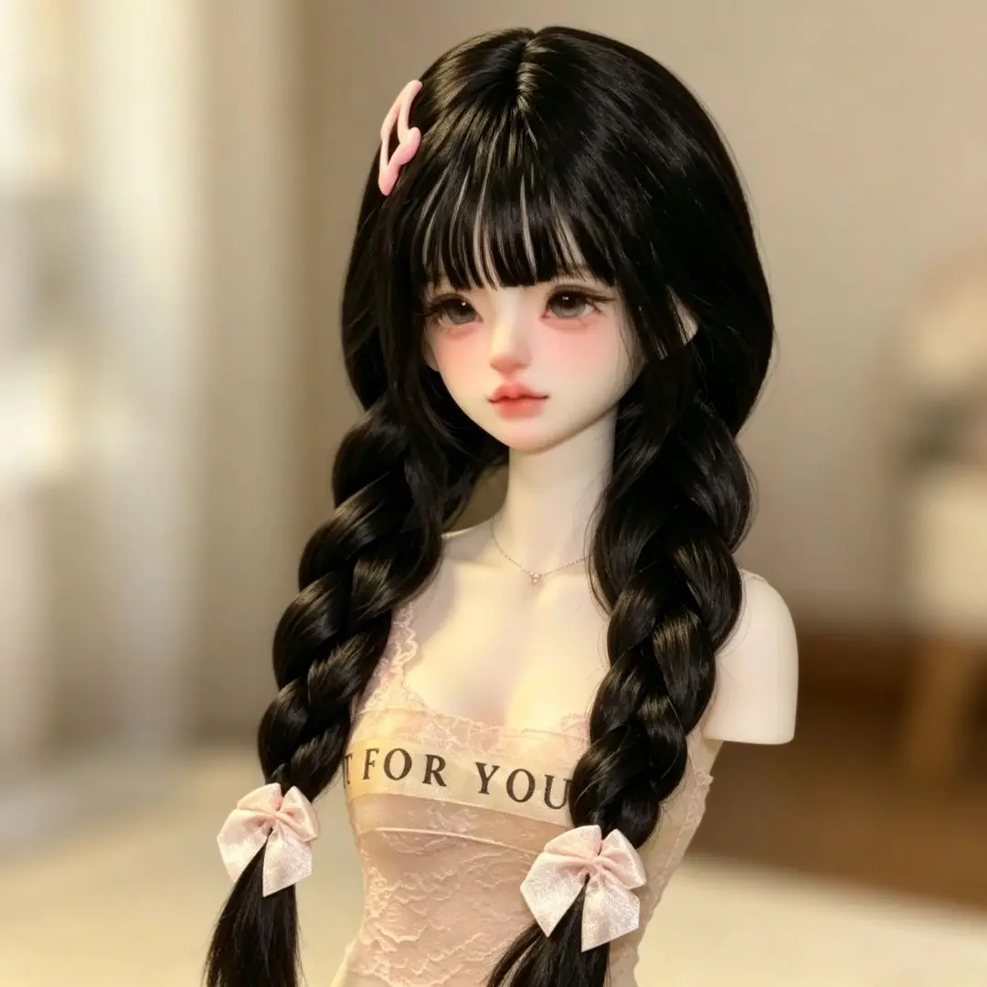 Soft High Temperature Wire 1/3 1/4 1/6 Bjd Doll Wig Cute Black Double Braid Wig Dress Up Game Toy Bjd Doll Accessories No Doll