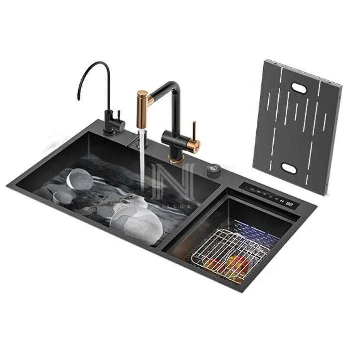 N8448XN1 dual catalyst purification multi function black nano 304 stainless steel double bowl kitchen sink with pull-out faucet