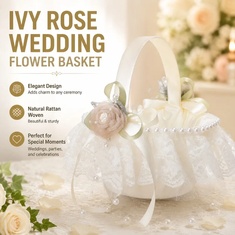 Ivy Rose Wedding Flower Basket, Ivory Flower Girl Basket, Natural Rattan Woven, Wooden Handle, Party Decoration