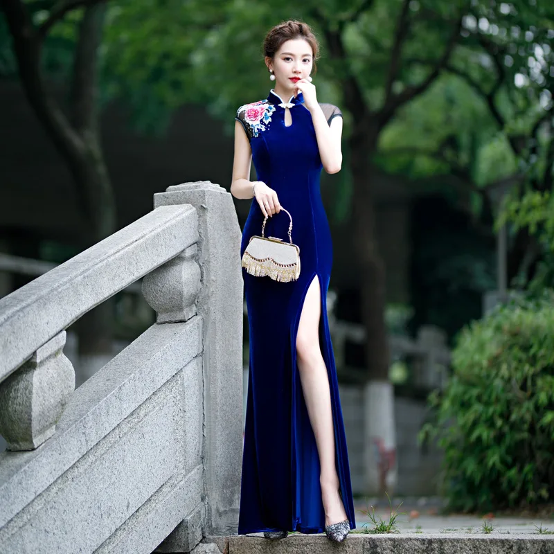 Sexy New Brocade Satin Long Fork Cheongsam Chinese Classic Women\'s Qipao Elegant Short Sleeve Novelty Wedding Evening Dress 5XL