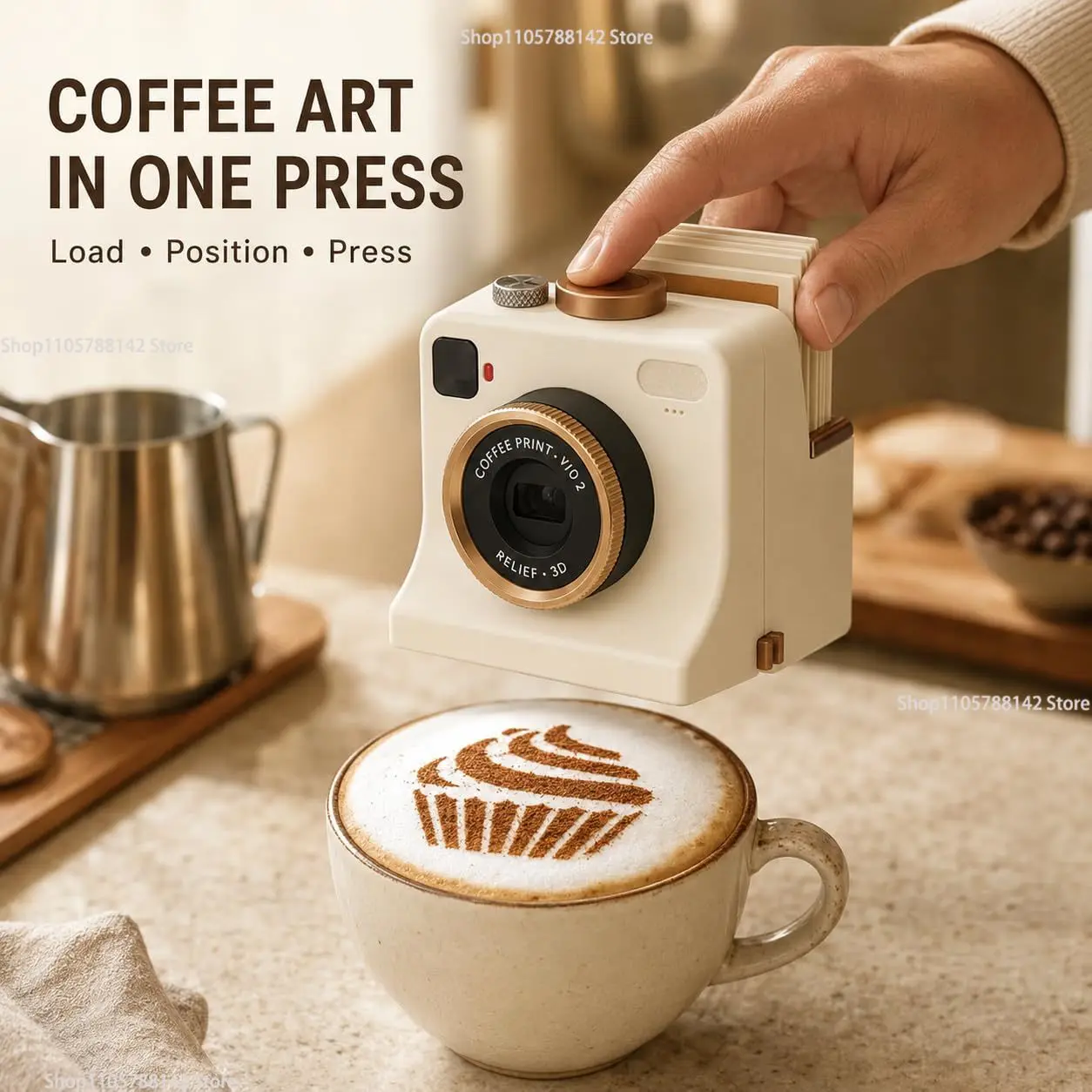 3 Styles 3D Printed Latte Art Camera,Holiday Party Gift Fully Mechanical One-Click Coffee Art Maker Home Decor for Cappuccino