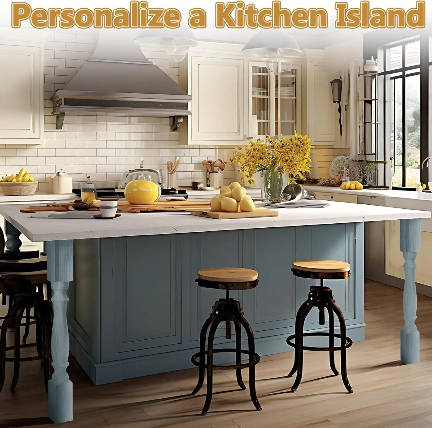 Kitchen island with custom-finished wooden legs