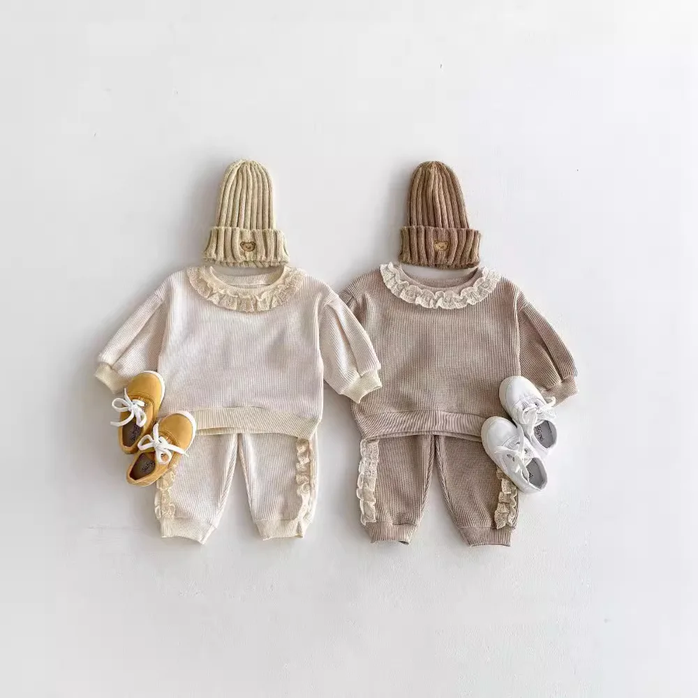 

2024 Autumn kids baby girls Sweet Floral Lace Stylish Sweatshirt + Pants Korean children Casual Loose 2-Piece Set