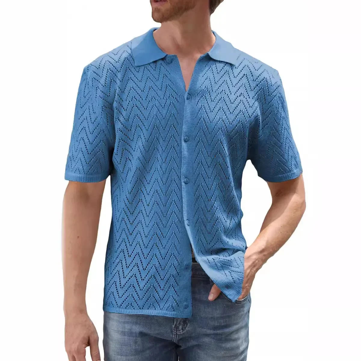 Fashion Men's Casual Knitted Shirt Summer New Cut-out Breathable Cool Short Sleeve Top Cardigan Mens