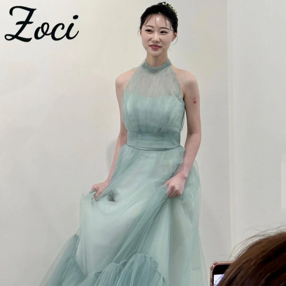 

Zoci Fairy Sage Green Korea Evening Dresses Halter Customized Wedding Photos Shoot Formal Dress Ruched Tiered Reception Gown