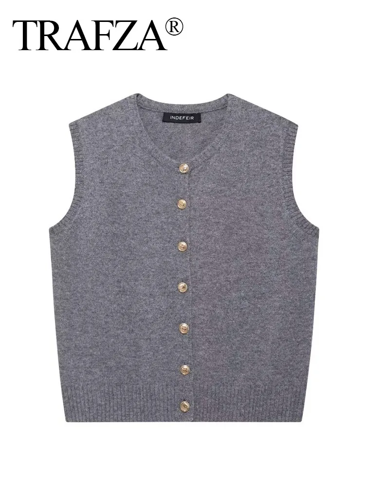 TRAFZA Female Elegant Vest Tops Grey O-Neck Sleeveless Single Breasted Golden Button Knitted Vest Autumn Women's Slim Top Mujer