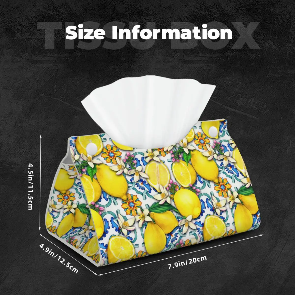 Custom Mediterranean Lemons Tiles Tissue Box Cover PU Leather Rectangular Facial Tissue Box Holder for Bathroom Home