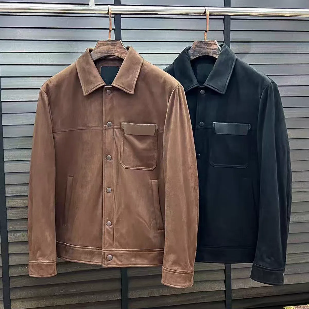 

Men's Casual Leather Jaet with ket Flip Collar Autumn Winter New Faion Deer Hide Coat Long Sve Stand Fit Pure Color