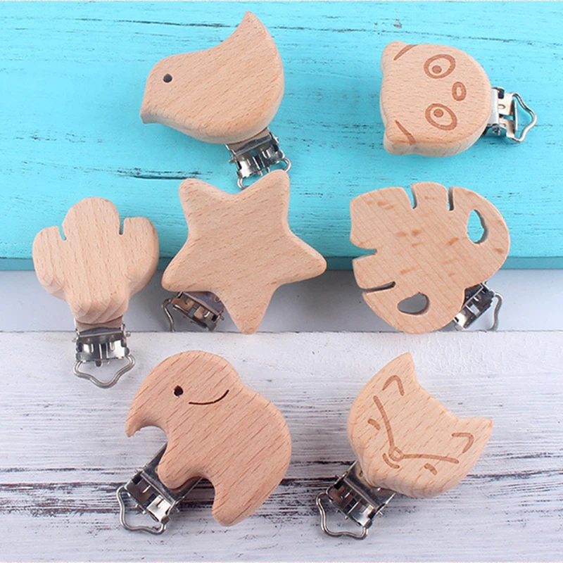 5pcs Speenkoord Clip Teething Pacifier Clip Cartoon Beech Wood Dummy Clip Safety Pacifier Holder Accessories Attache Tetine Bois