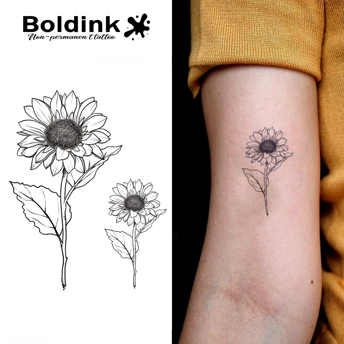 

Boldink Sunflower Pair Line Art Temporary Tattoo,Lasts To 15 Days New Technology Magic Waterproof Semi Permanent Sticker.