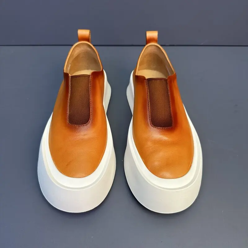 

British-style Men Casual Shoes Genuine Leather Thick-sole Slip-on Comfortable Street Sneakers Outdoor Hiking Sports Board Shoes