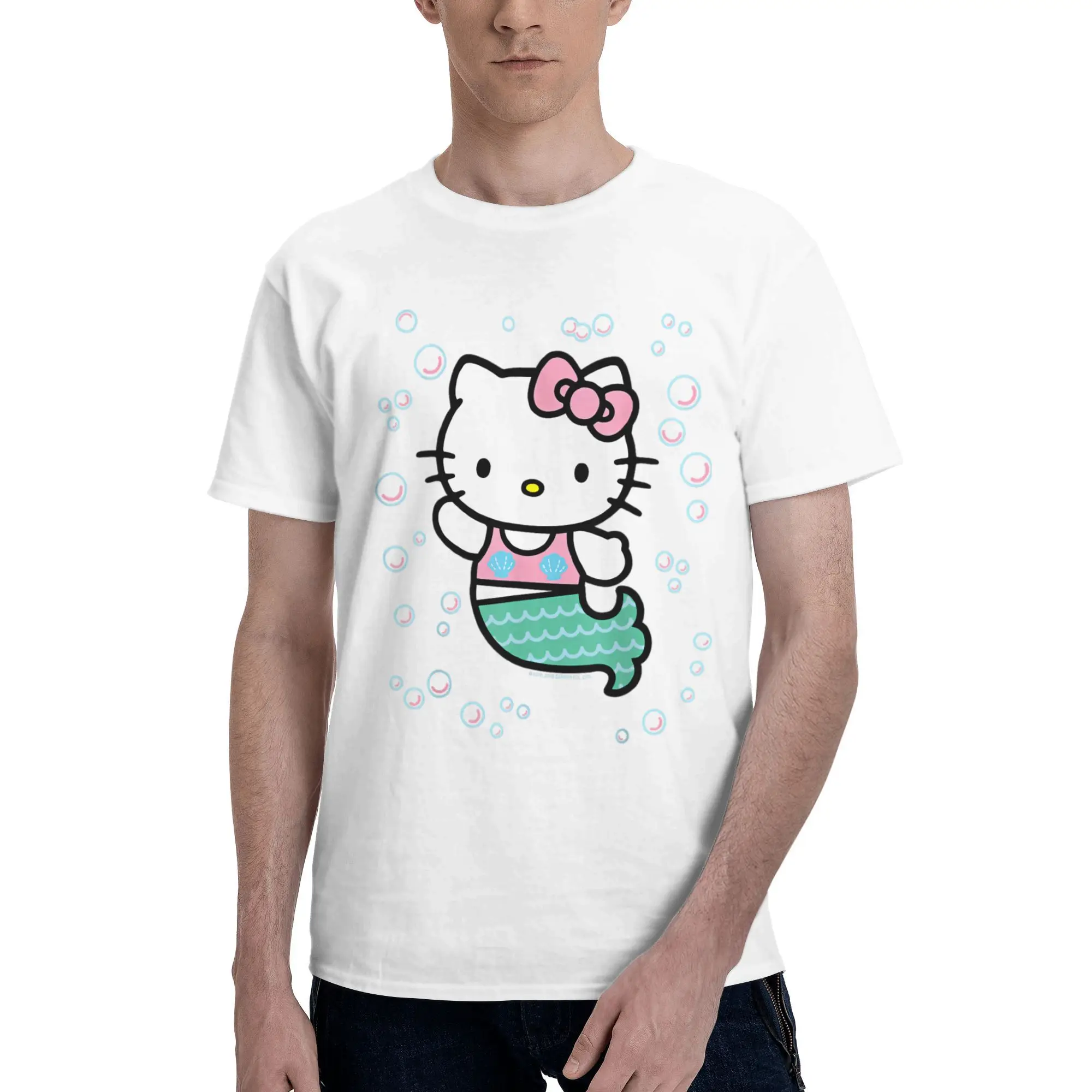 

Мужская и женская футболка с изображением русалки «Hello Kitty», футболка из чистого хлопка с графическим принтом, верхняя одежда