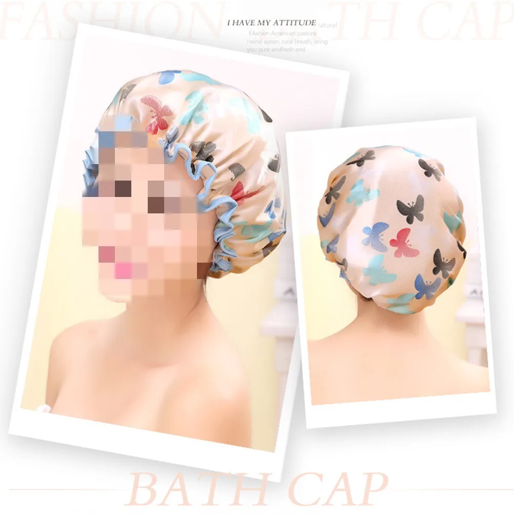 

2Pcs Shower Cap Double Layer Bath Hat Thicken Spa Colorful Butterfly Gray Waterproof Hair Protection Travel Foldable Reusable