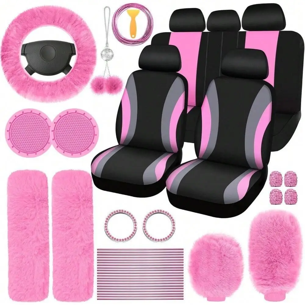 

Car Seat Cover Set With Steering Wheel Cover, Cup Holder Coasters, Shoulder Pads, And Accessories Polyester Fabric Interior Deco
