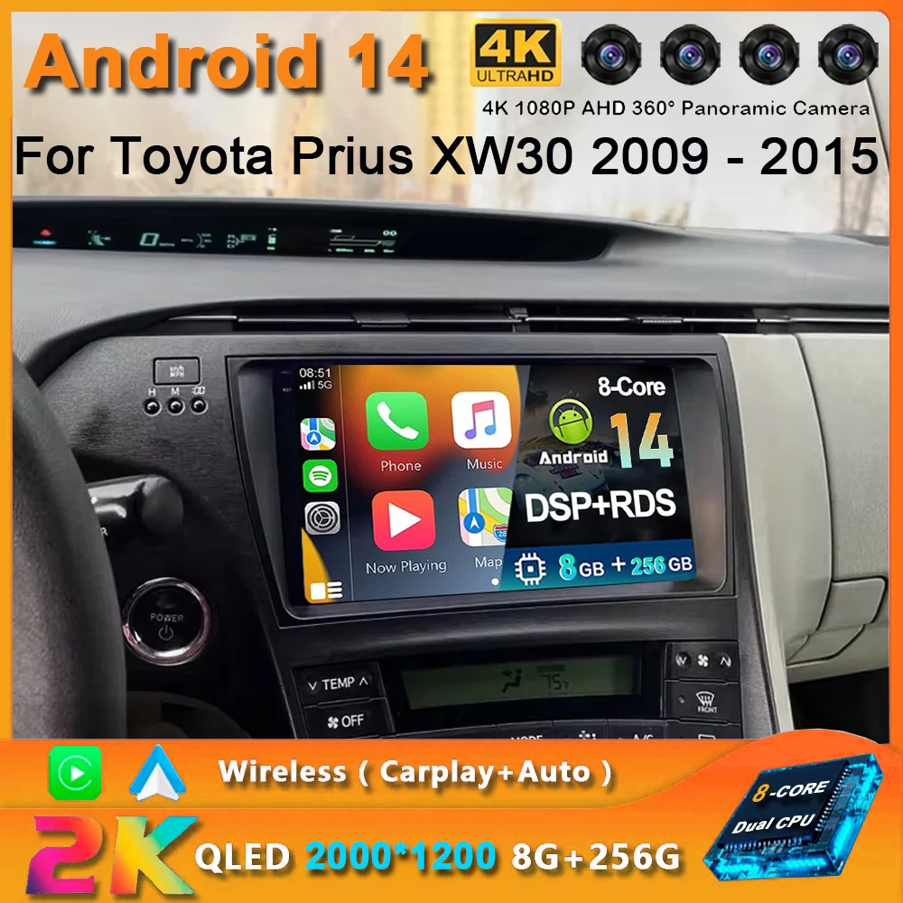 

QLED DSP 8G + 256G Android 14 для Toyota Prius XW30 2009 - 2015 Автомагнитола мультимедийный видеоплеер GPS навигатор стерео Carplay