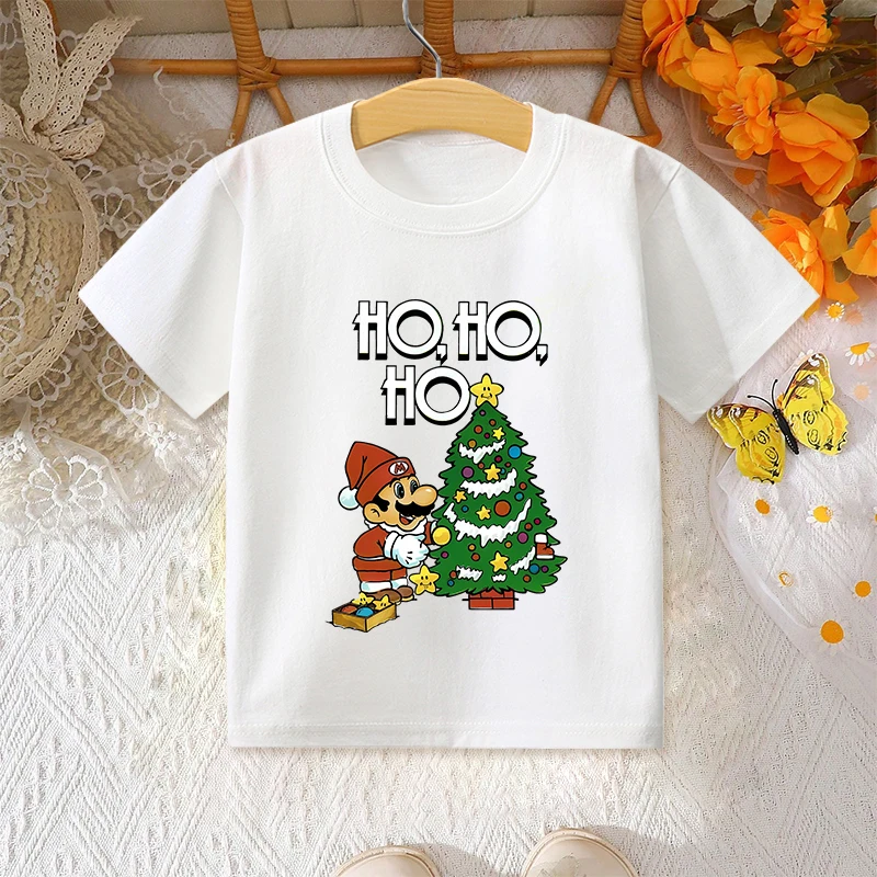 Camiseta de Super Mario de manga corta para niños y niñas, ropa de Navidad con bonitos dibujos, camisas estampadas a la moda para niños, regalos de fiesta de Navidad para niños