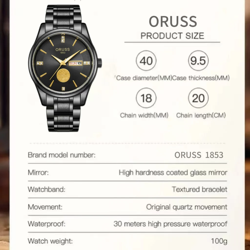 ORUSS Original High-end Luxury  Men's Watch Business  Wristwatches Stainless Steel Waterproof Quartz  Luminous Watch for Man